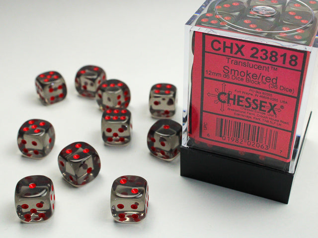 12mm D6 Brick: Translucent - Smoke/Red (36) | Game Grid - Logan