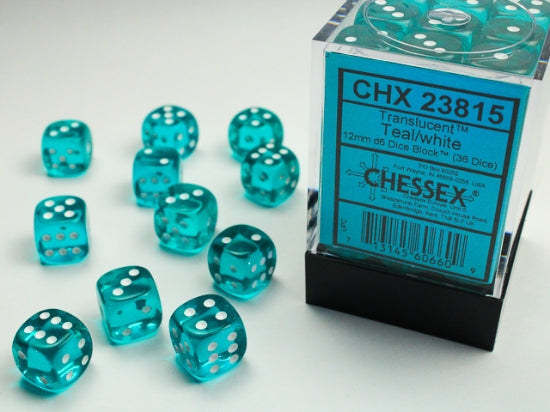 12mm D6 Brick: Translucent - Teal/White (36ct) | Game Grid - Logan