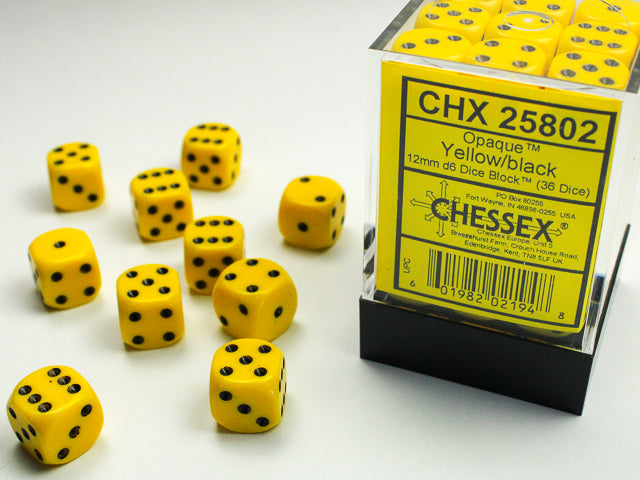 12mm D6 Brick: Opaque - Yellow/Black (36) | Game Grid - Logan