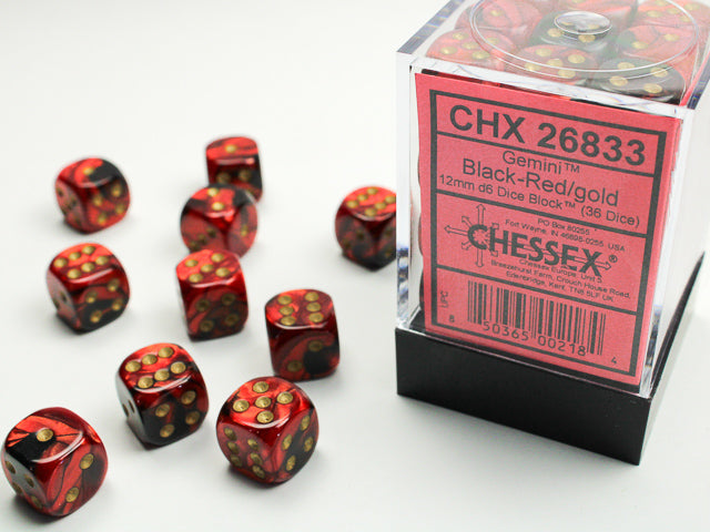 12mm D6 Brick: Gemini - Black-Red/Gold (36) | Game Grid - Logan