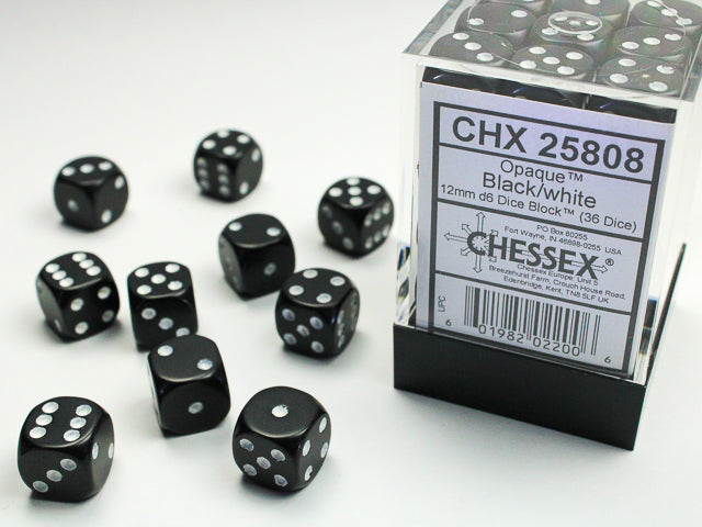 12mm D6 Brick: Opaque - Black/White (36ct) | Game Grid - Logan