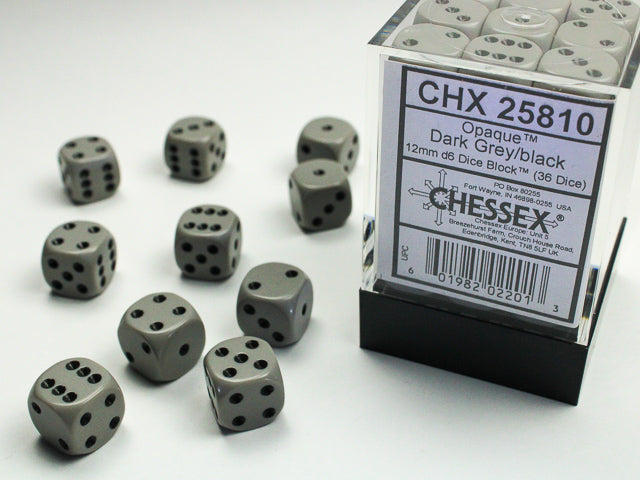 12mm D6 Brick: Opaque - Dark Grey/Black (36) | Game Grid - Logan