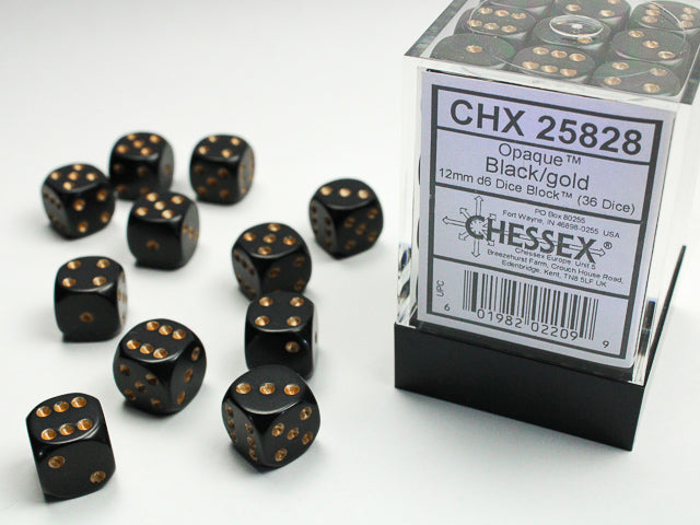 12mm D6 Brick: Opaque - Black/Gold (36) | Game Grid - Logan