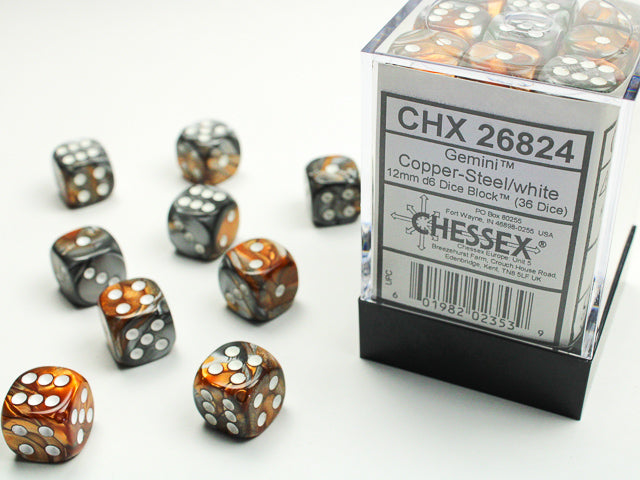 12mm D6 Brick: Gemini - Copper-Steel/White (36) | Game Grid - Logan