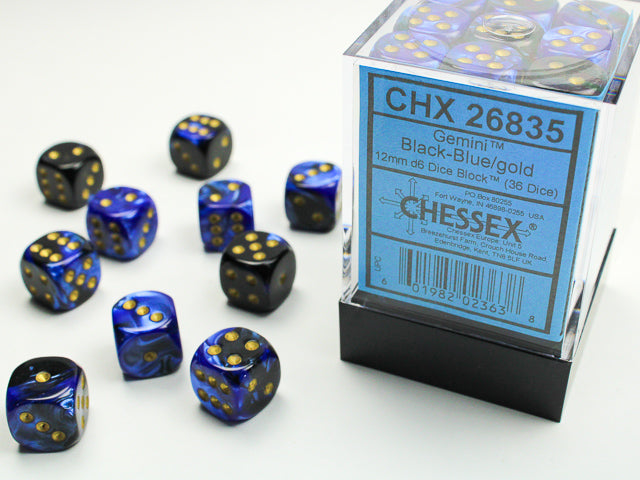 12mm D6 Brick: Gemini - Black-Blue/Gold (36) | Game Grid - Logan