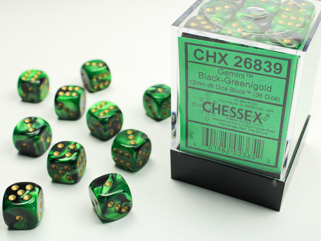 12mm D6 Brick: Gemini - Black-Green/Gold (36) | Game Grid - Logan