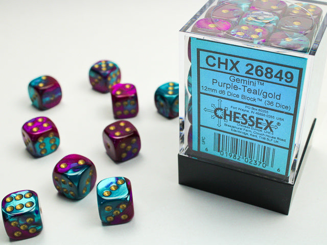 12mm D6 Brick: Gemini - Purple-Teal/Gold (36) | Game Grid - Logan