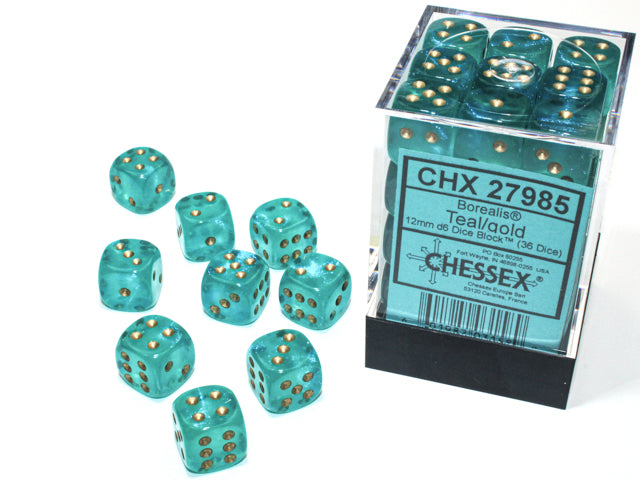 12mm D6 Brick: Borealis - Teal/Gold (36) | Game Grid - Logan