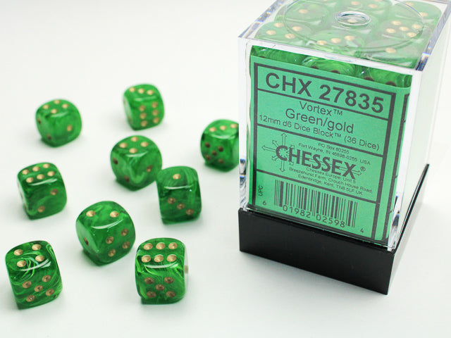 12mm D6 Brick: Vortex - Green/Gold (36) | Game Grid - Logan