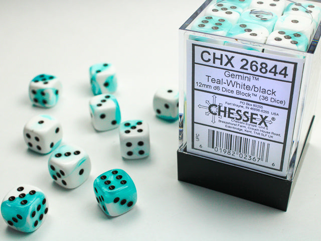 12mm D6 Brick: Gemini - Teal-White/Black (36) | Game Grid - Logan