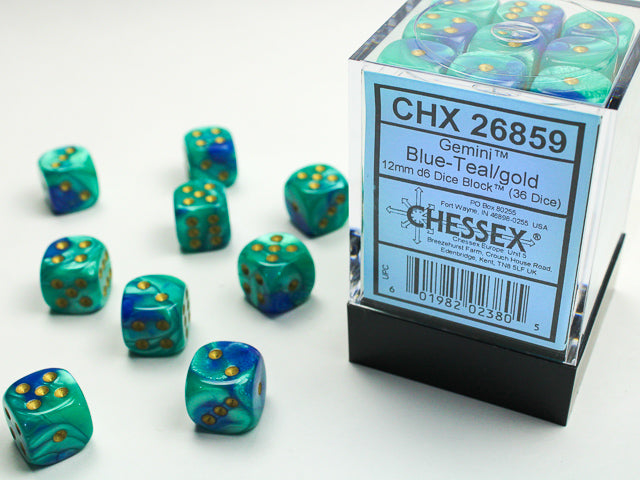 12mm D6 Brick: Gemini - Blue-Teal/Gold (36) | Game Grid - Logan