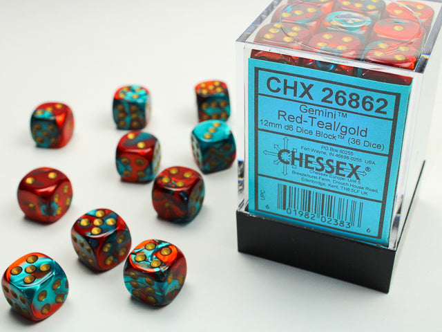 12mm D6 Brick: Gemini - Red-Teal/Gold (36) | Game Grid - Logan