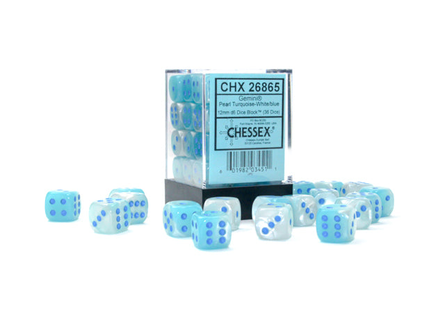 12mm D6 Brick: Gemini - Pearl Turquoise/White/Blue (36ct) | Game Grid - Logan