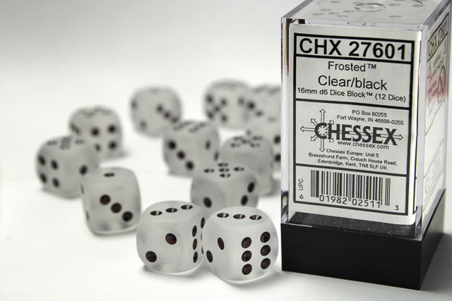 16mm D6 Brick: Frosted - Clear/Black (12ct) | Game Grid - Logan