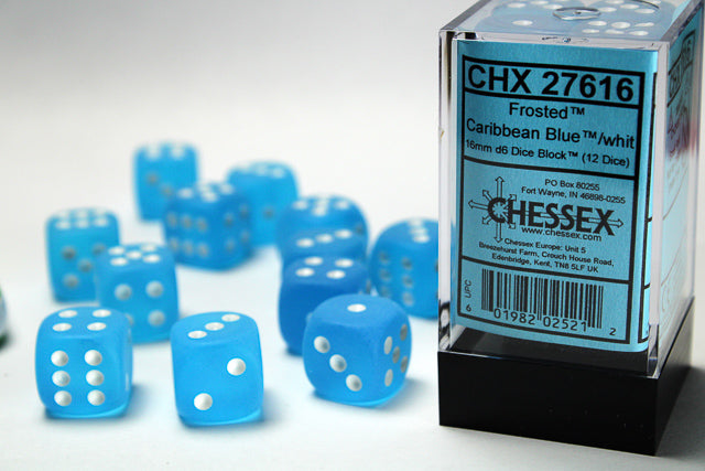 16mm D6 Brick: Frosted - Caribbean Blue/White (12) | Game Grid - Logan