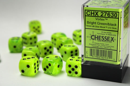 16mm D6 Brick: Vortex - Bright Green/Black (12) | Game Grid - Logan
