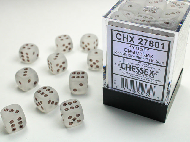 12mm D6 Brick: Frosted - Clear/Black (36ct) | Game Grid - Logan