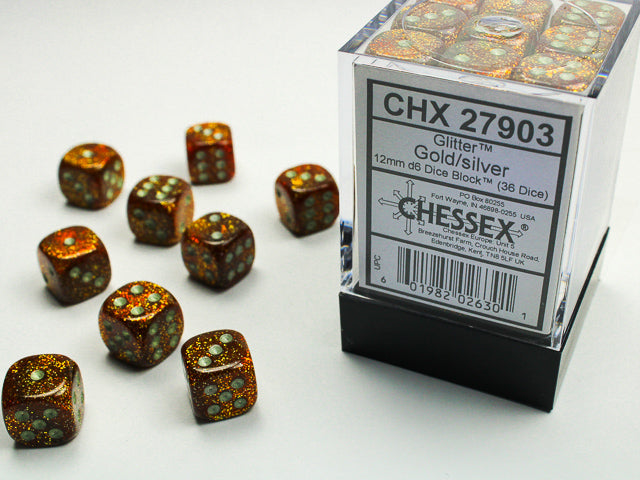 12mm D6 Brick: Glitter - Gold/Silver (36) | Game Grid - Logan