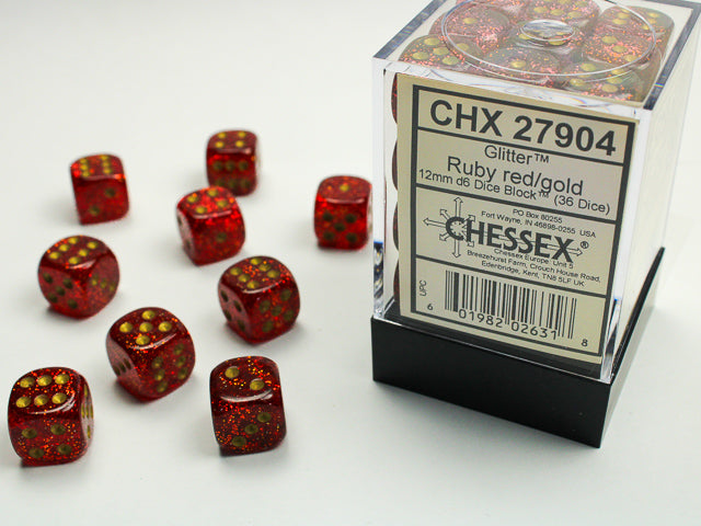12mm D6 Brick: Glitter - Ruby/Gold (36) | Game Grid - Logan