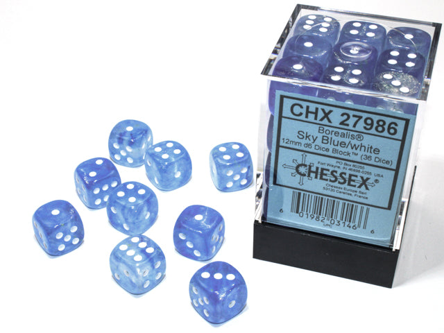 12mm D6 Brick: Borealis - Sky Blue/White (36) | Game Grid - Logan