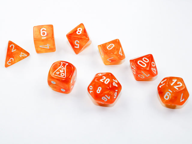 Chessex: 7-Die Set Borealis - Poly Blood Orange/White Luminary | Game Grid - Logan