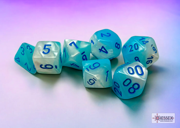 Chessex: Borealis Gemini Pearl Turquoise - White/Blue - 7 dice set | Game Grid - Logan