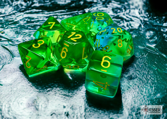 Chessex 7 Dice Set: Gemini - Poly Translucent Green-Teal/Yellow | Game Grid - Logan