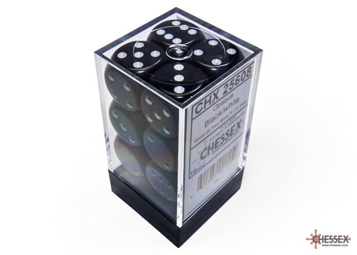 16mm D6 Brick: Opaque - Black/White (12ct) | Game Grid - Logan