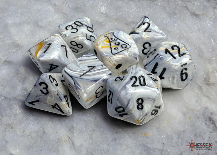 Chessex: 7-Die Set Marble - Calcite/Black | Game Grid - Logan