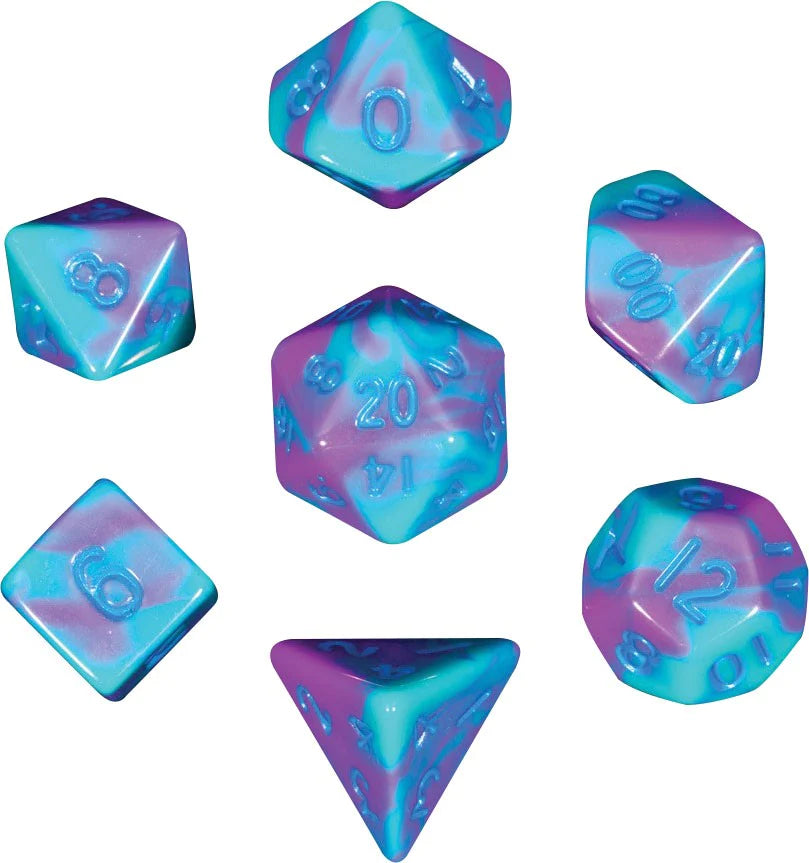 Mini Polyhedral Dice Set: Purple/Teal with Blue Numbers | Game Grid - Logan