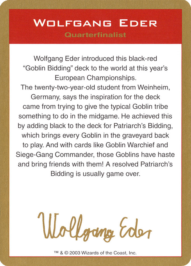 Wolfgang Eder Bio [World Championship Decks 2003] | Game Grid - Logan