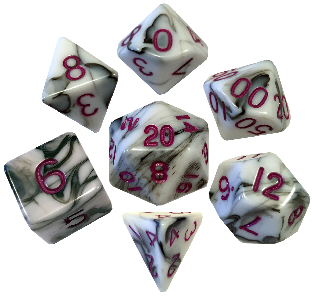 Mini Polyhedral Dice Set: Marble w/ Red Numbers | Game Grid - Logan