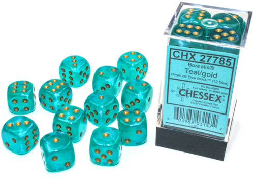 16mm D6 Brick: Translucent - Teal/Gold (12) | Game Grid - Logan