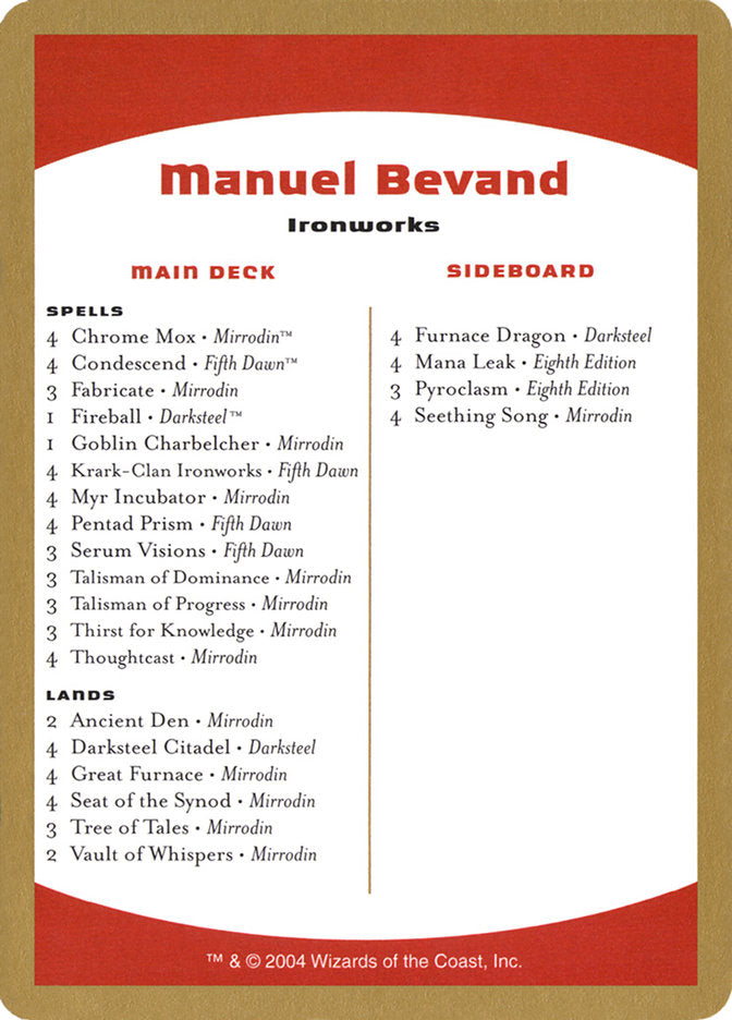 Manuel Bevand Decklist [World Championship Decks 2004] | Game Grid - Logan