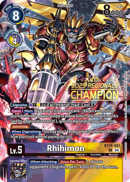 Rhihimon [BT18-081] (2025 Regionals Champion) [Release Special Booster Ver.2.0 Promos] | Game Grid - Logan