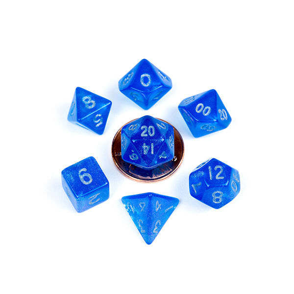 Mini Polyhedral Dice Set: Stardust Blue w/ Silver Numbers | Game Grid - Logan