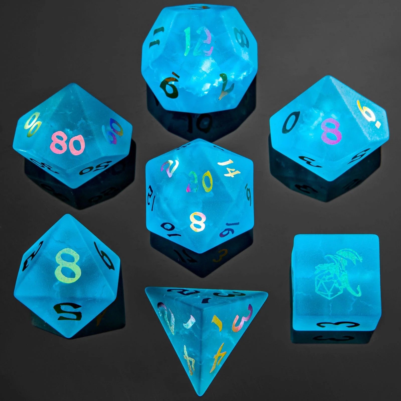 Dragon's Horde Gemstone Dice: Sea Blue w/ Rainbow Numbers | Game Grid - Logan