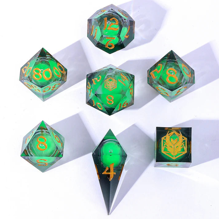 Sharp Edged Liquid Core Dice Set: Glow In the Dark Green | Game Grid - Logan