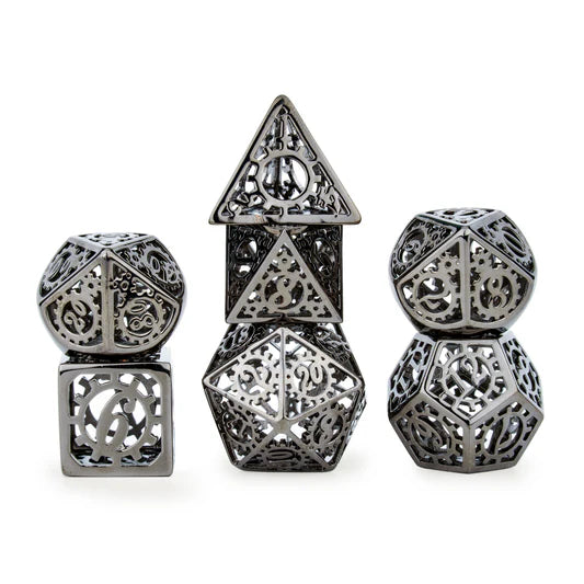 Holy Metal Gear Dice Set: Shiny Silver and Black | Game Grid - Logan