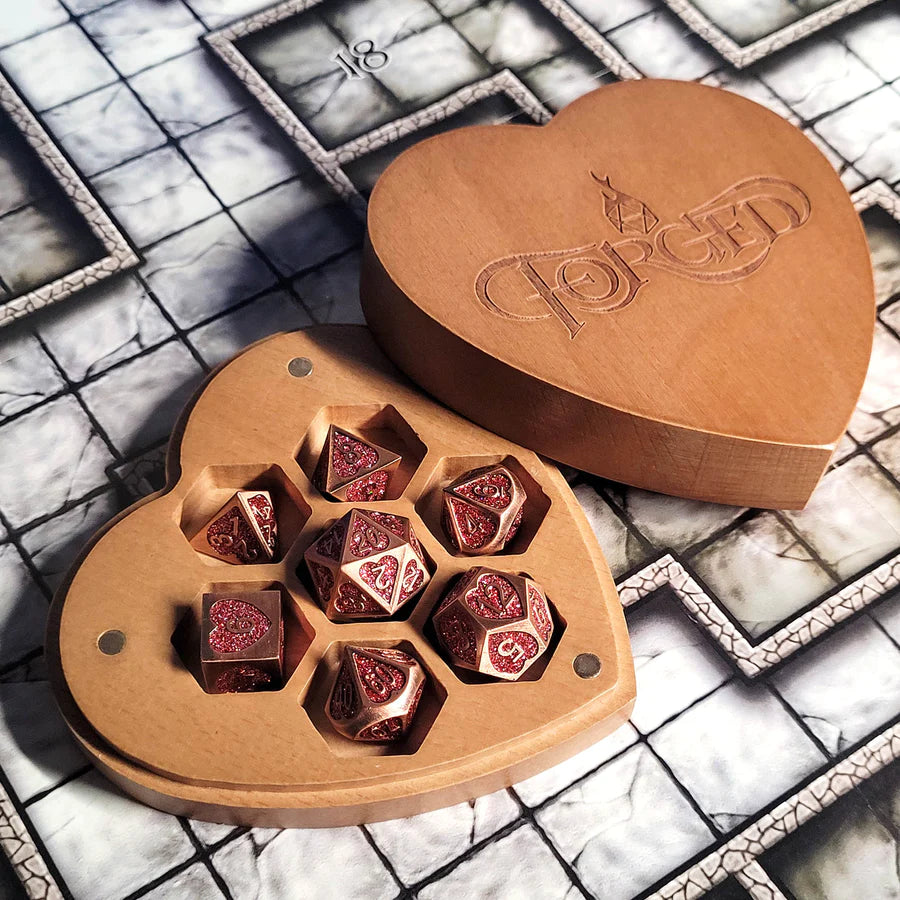 Heart Fate Set of 7 Heart-Shaped Metal RPG Dice and Heart Dice Box - Brown Heart Box | Game Grid - Logan