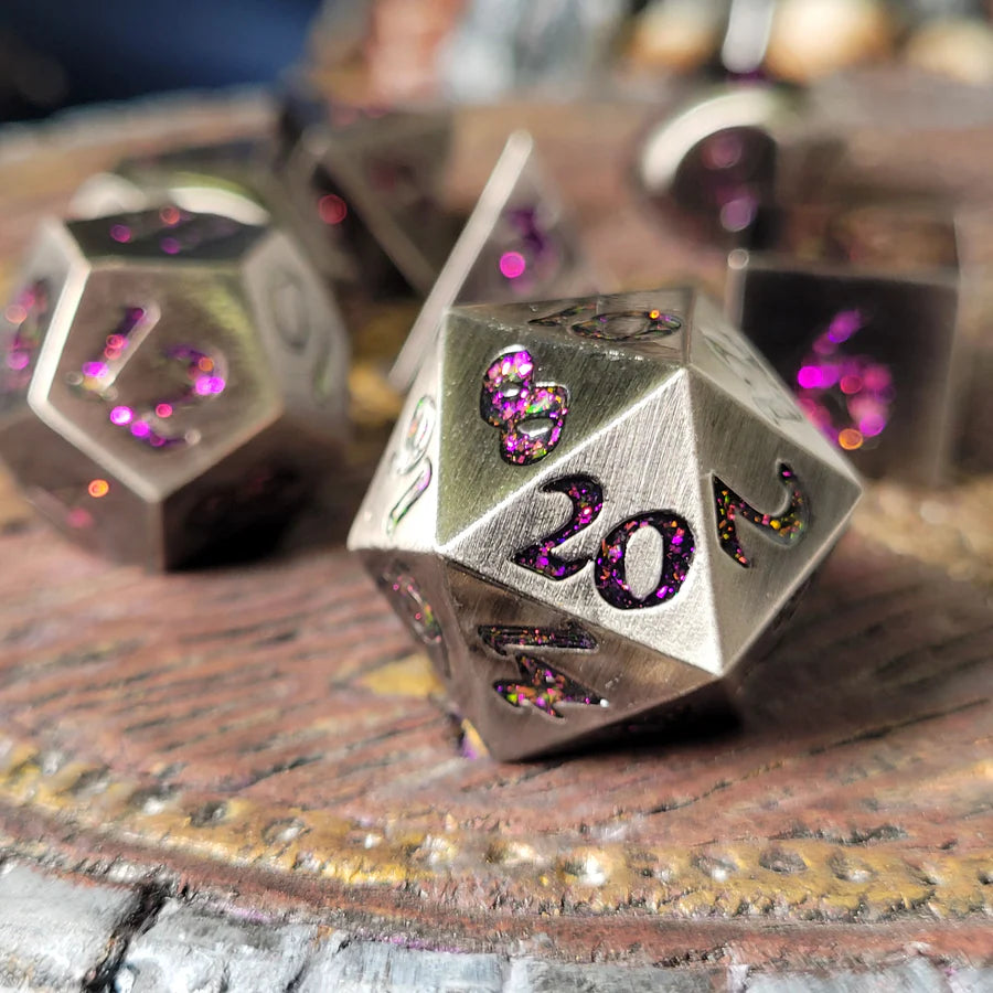 Forged Lore Antique Silver with Magenta Mica 7-Piece Metal Dice Set | Game Grid - Logan