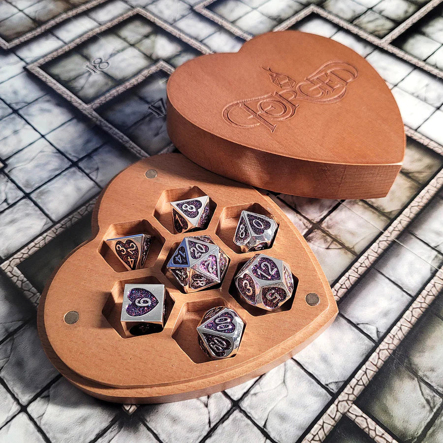 Soaring Heart Set of 7 Heart-Shaped Metal RPG Dice and Heart Dice Box - Brown Heart Box | Game Grid - Logan