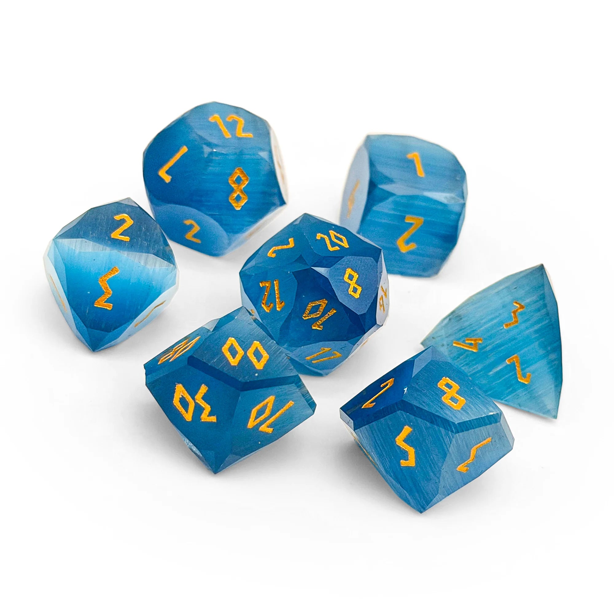 Gemstone RPG Dice Set: Wondrous Cut - Frosted Ocean Blue Cat's Eye | Game Grid - Logan