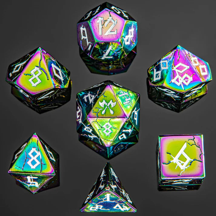 Metal Barbarian Dice Set: Rainbow w/White | Game Grid - Logan