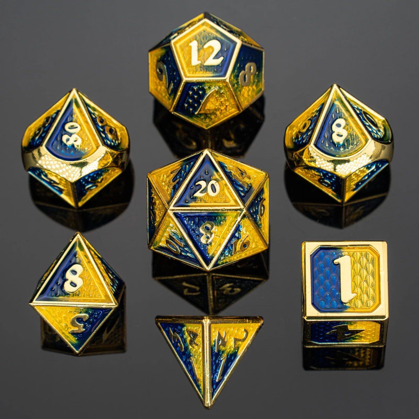 Metal RPG Dice Set: Behemoth - Gold/Yellow/Blue | Game Grid - Logan