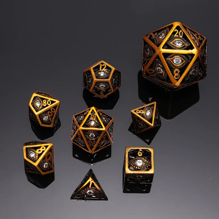 Hollow 10mm mini Dragon's Eye dice set-Ancient Gold with Clear Gems | Game Grid - Logan