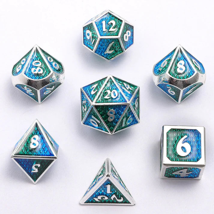 Mini Behemoth Metal RPG Dice Set-Silver w/Blue&Green | Game Grid - Logan