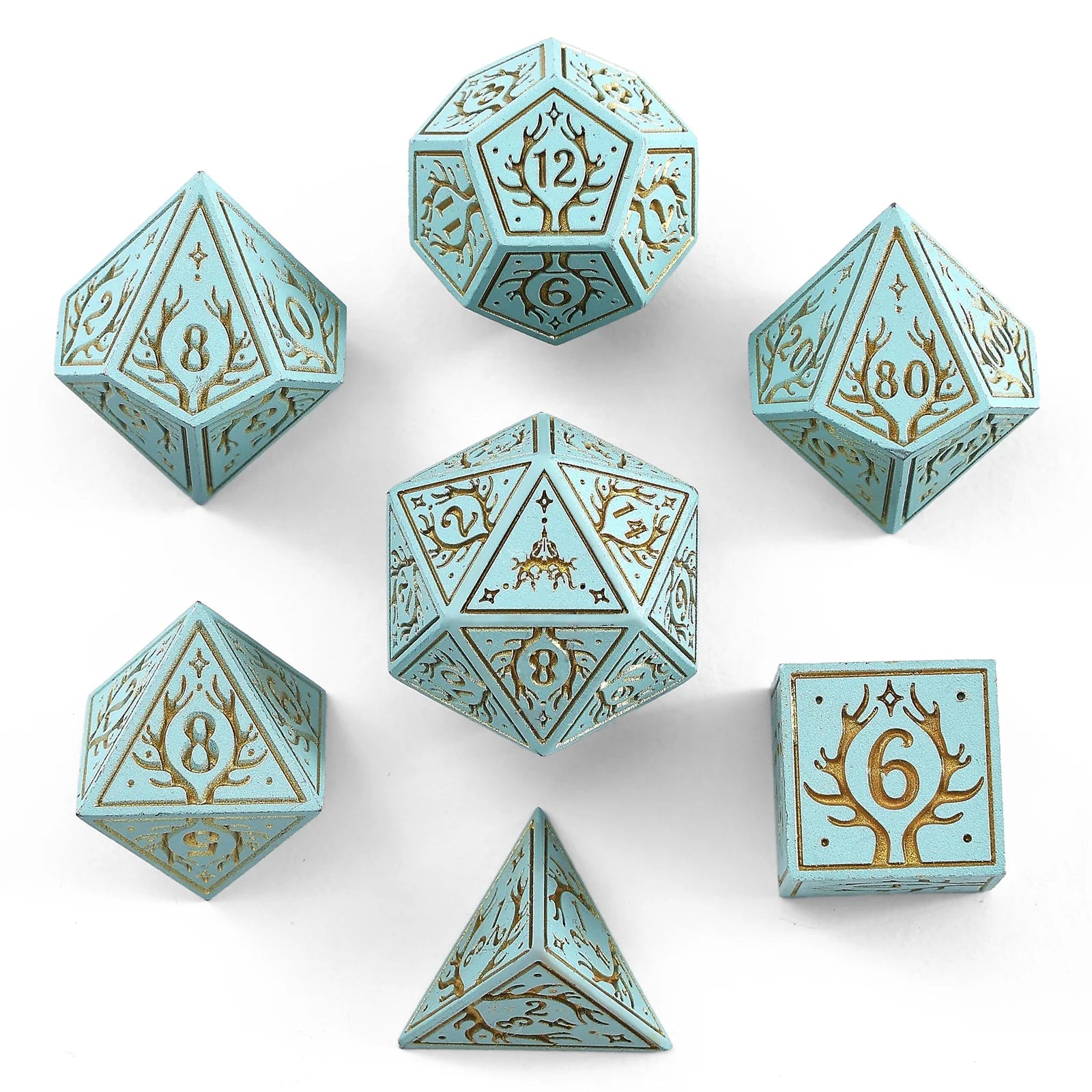 Metal Dice Set: Druid - Pale Cyan with Gold | Game Grid - Logan