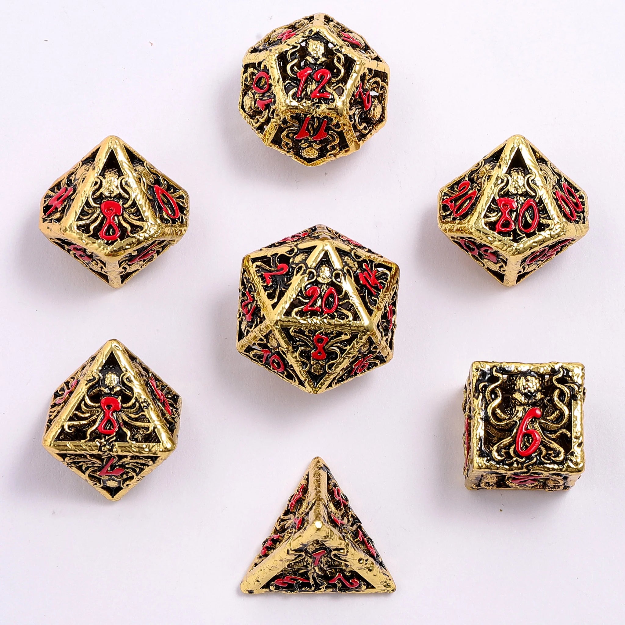 Hollow Metal Dice Set: LIlithid's Mind Cage - Gold & Red | Game Grid - Logan