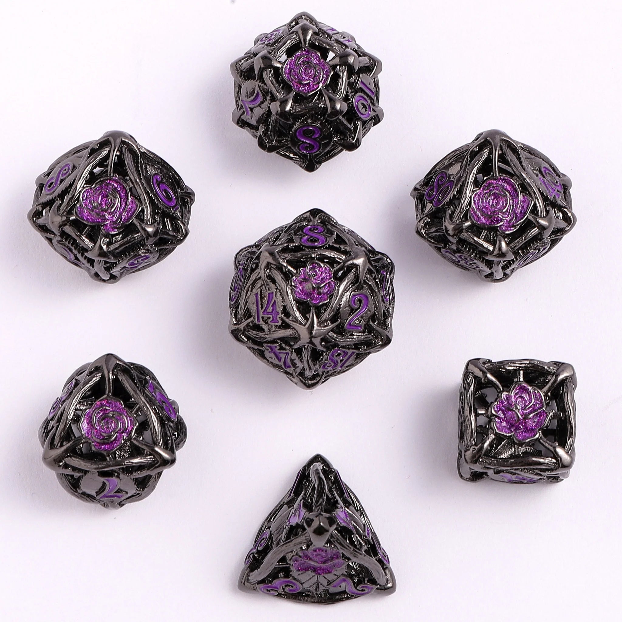 Hollow Metal RPG Dice Set: Rose - Gunmetal/Purple | Game Grid - Logan